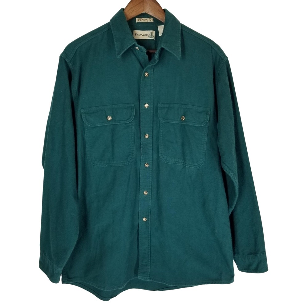 Vintage Fieldmaster Mens L Tall Green Flannel Shirt Long Sleeve Button‎ Cotton